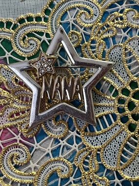 NaNa Silver Star Brooch with Gold-tone Lettering and Crystal Accent
